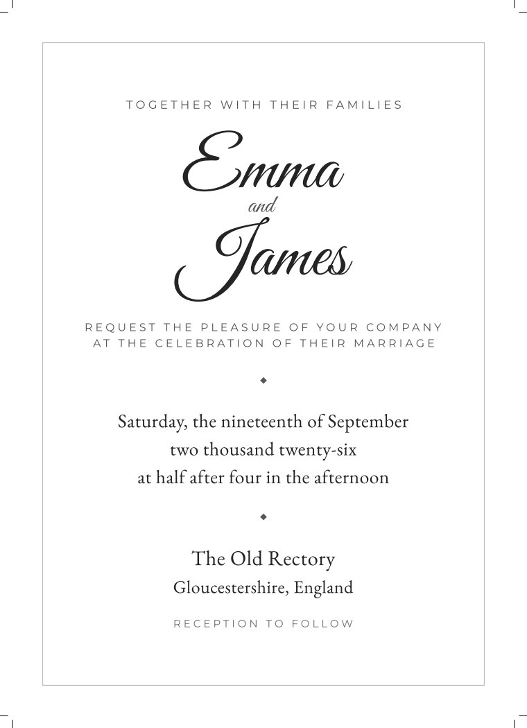 Wedding invitation, 5 by 7 inches, in cursive script