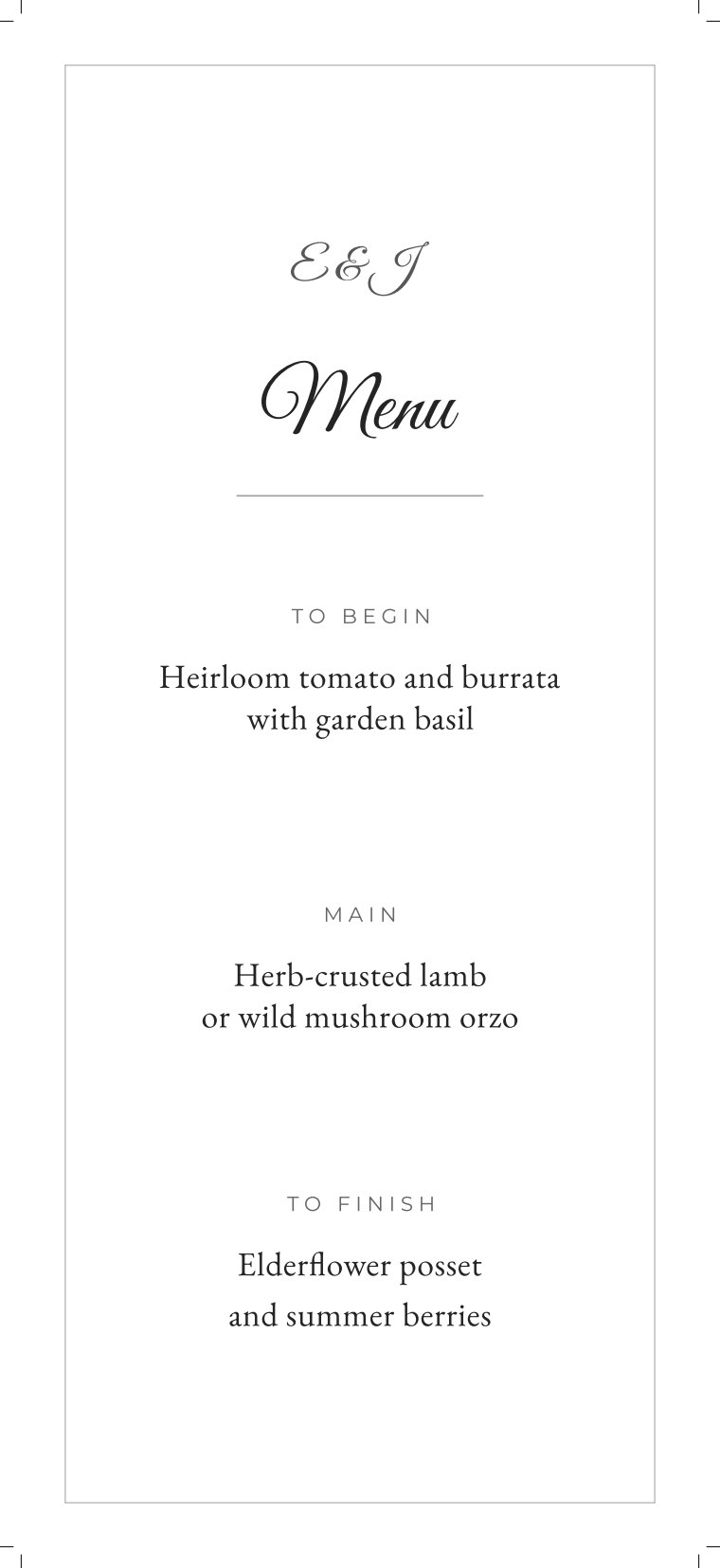 Wedding menu card, 4 by 9 inches